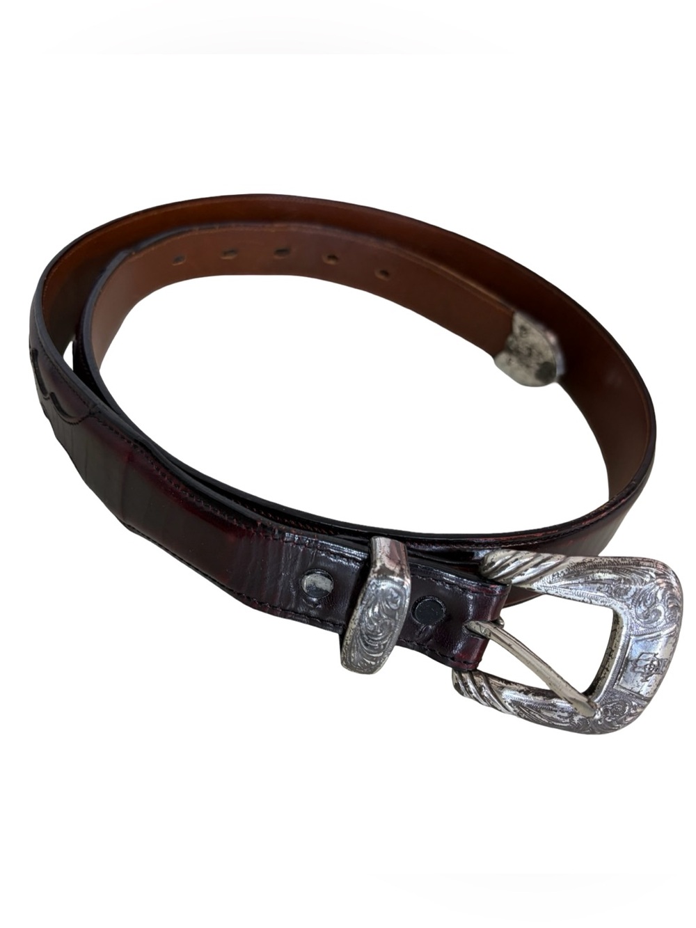 Lucchese cherry brown goat Western-Style Belt with Engraved Silver  size 38